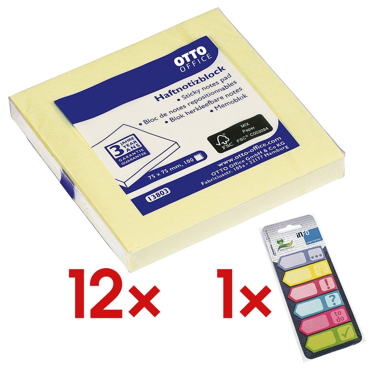 12x OTTO Office Haftnotizblock 7,5 x 7,5 cm, 1200 Blatt gesamt, gelb inkl. Haftmarker 150 Blatt gesamt, Papier, 50 x 18 mm