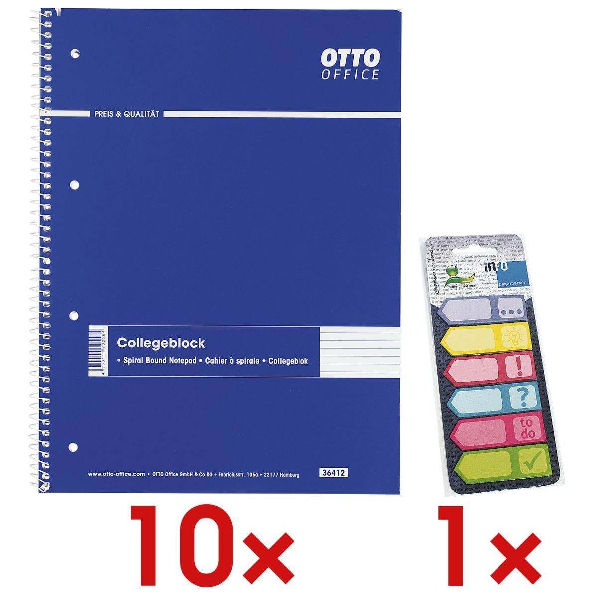 10x OTTO Office Collegeblock A4 liniert, 80 Blatt inkl. Haftmarker 150 Blatt gesamt, Papier, 50 x 18 mm