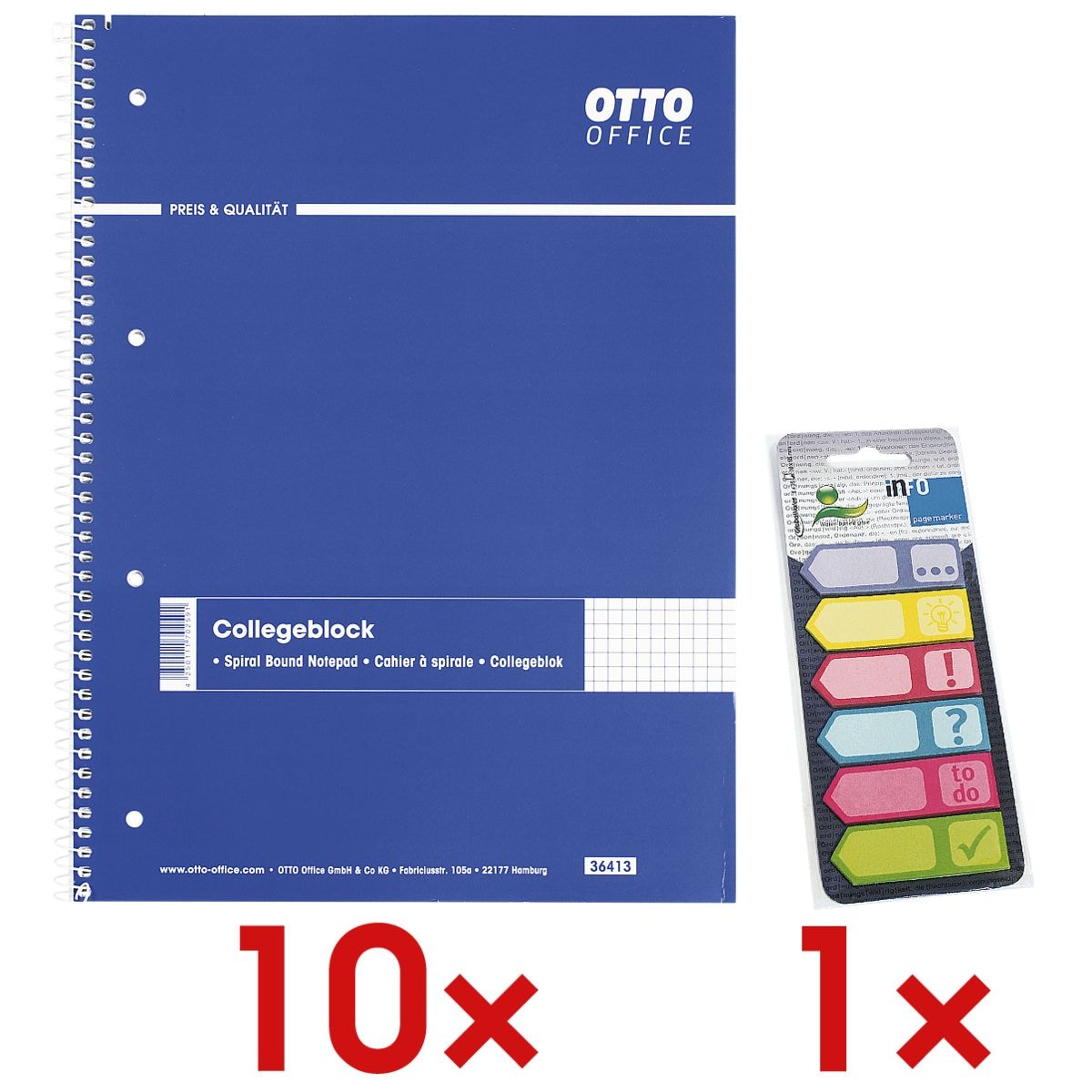 10x OTTO Office Collegeblock A4 kariert, 80 Blatt inkl. Haftmarker 150 Blatt gesamt, Papier, 50 x 18 mm