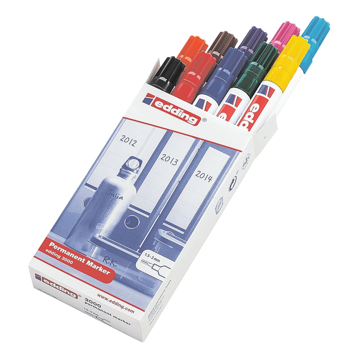 edding Permanent-Marker 3000 - 10-Farben-Box - Rundspitze, Strichstrke 1,5  - 3,0 mm (XB)