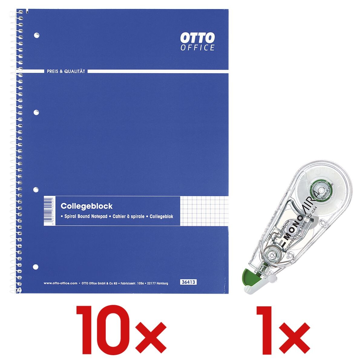 10x OTTO Office Collegeblock A4 kariert, 800 Blatt inkl. Einweg-Korrekturroller »Mono Air«