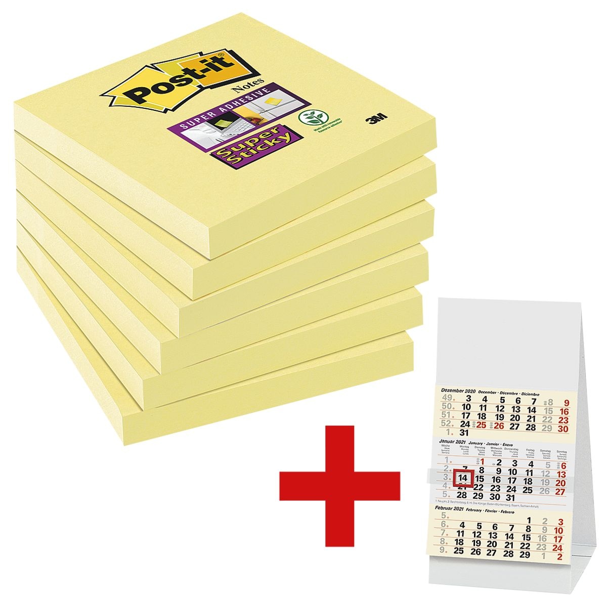 6x Post-it Super Sticky Haftnotizblock Notes 7,6 x 7,6 cm, 540 Blatt gesamt, gelb inkl. Tischkalender 2021