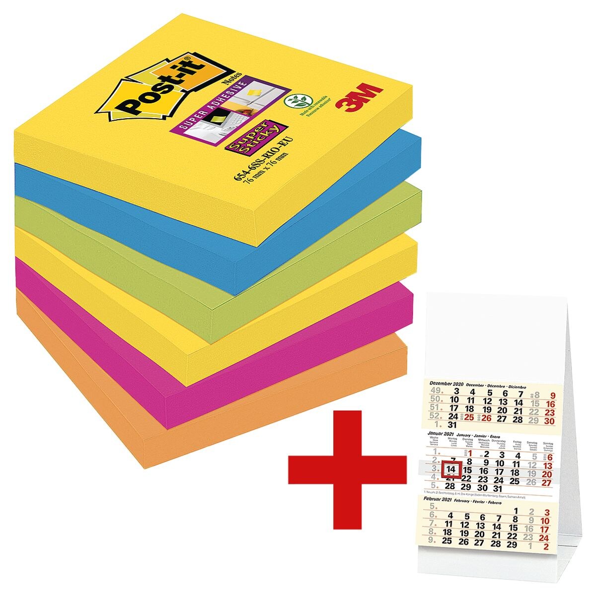 6x Post-it 7,6 x 7,6 cm Super Sticky »Rio de Janeiro«, 540 Blatt gesamt, farbig sortiert 6546SR inkl. Tischkalender 2020