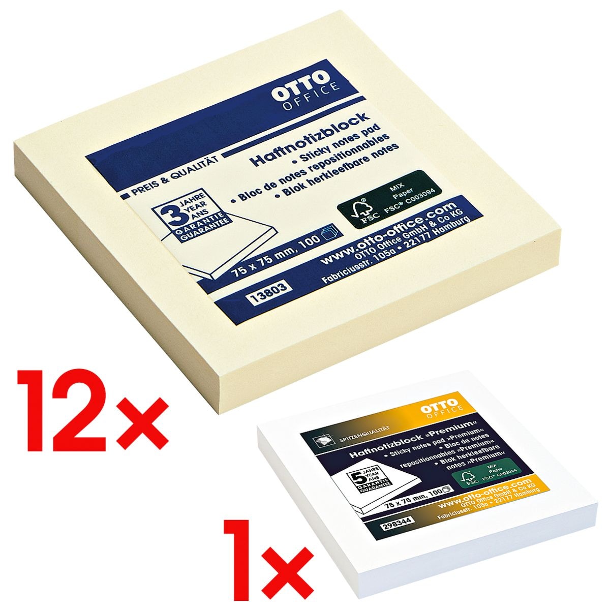 12x OTTO Office Haftnotizblock 7,5 x 7,5 cm, 1200 Blatt gesamt, gelb inkl. Haftnotizblock 75 x 75 mm weiß