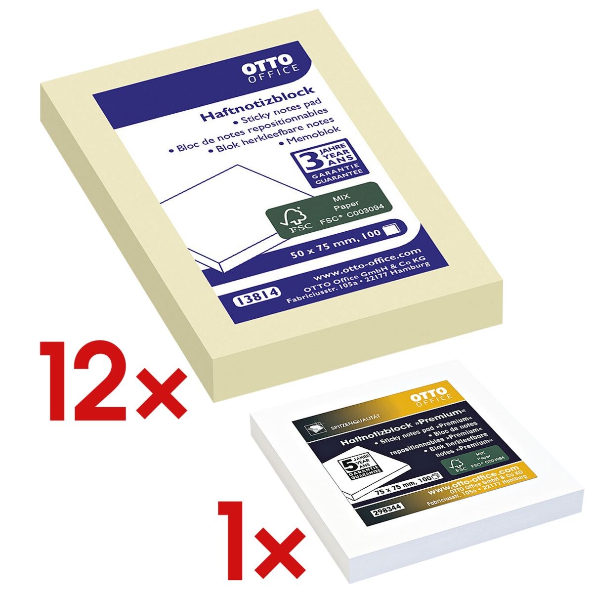 12x OTTO Office 7,5 x 5 cm, 1200 Blatt gesamt, gelb inkl. Haftnotizblock 75 x 75 mm weiß