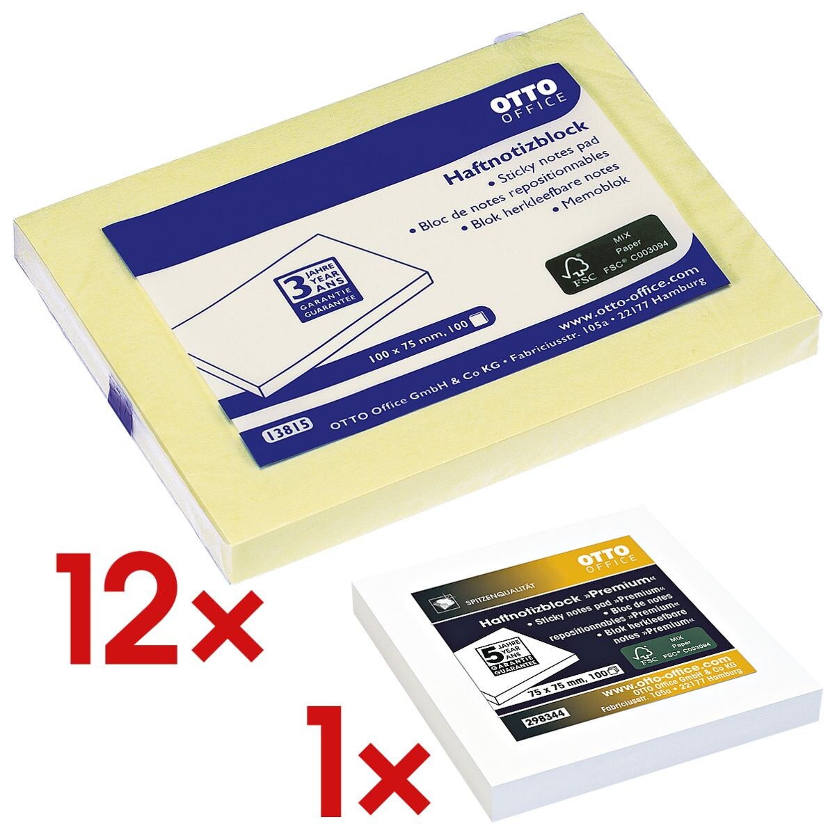 12x OTTO Office 10 x 7,5 cm, 1200 Blatt gesamt, gelb inkl. Haftnotizblock 75 x 75 mm weiß