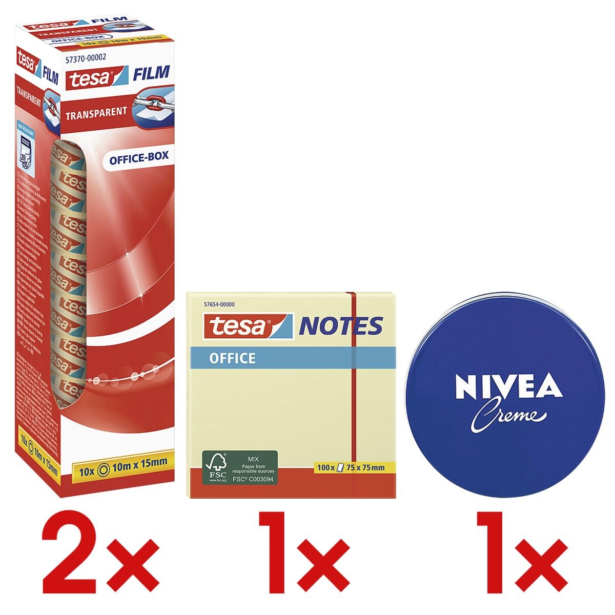 2x tesa Klebefilm Office Box, transparent, 20 Stück, 15 mm / 10 m inkl. Haftnotizblock »Office Notes« 57654 7,5 x 7,5 cm + Hautcreme
