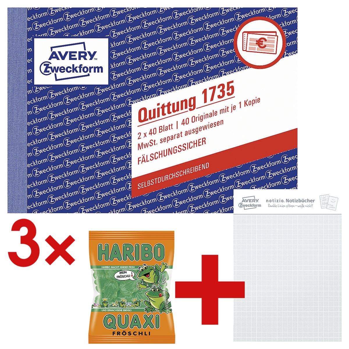 Avery Zweckform 3x Formularbuch »Quittung, MwSt. separat mit Netto-Brutto« inkl. Musterblock »Notizio« und Fruchtgummi »Quaxi Fröschli«