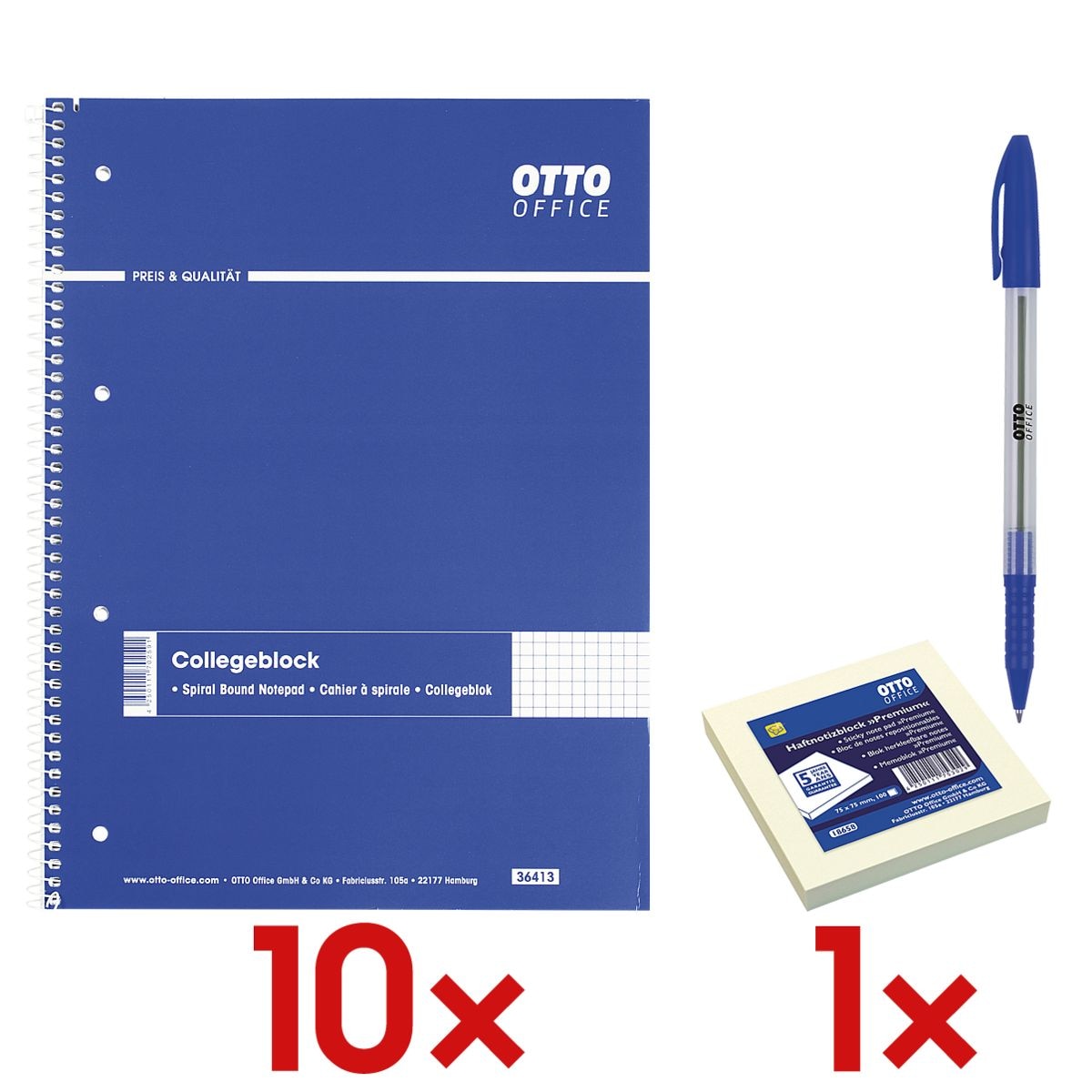 10x Collegeblock A4 kariert, holzfreies ECF-Papier inkl. Haftnotizblock 75 x 75 mm und Einweg-Kugelschreiber »Eco Stick«