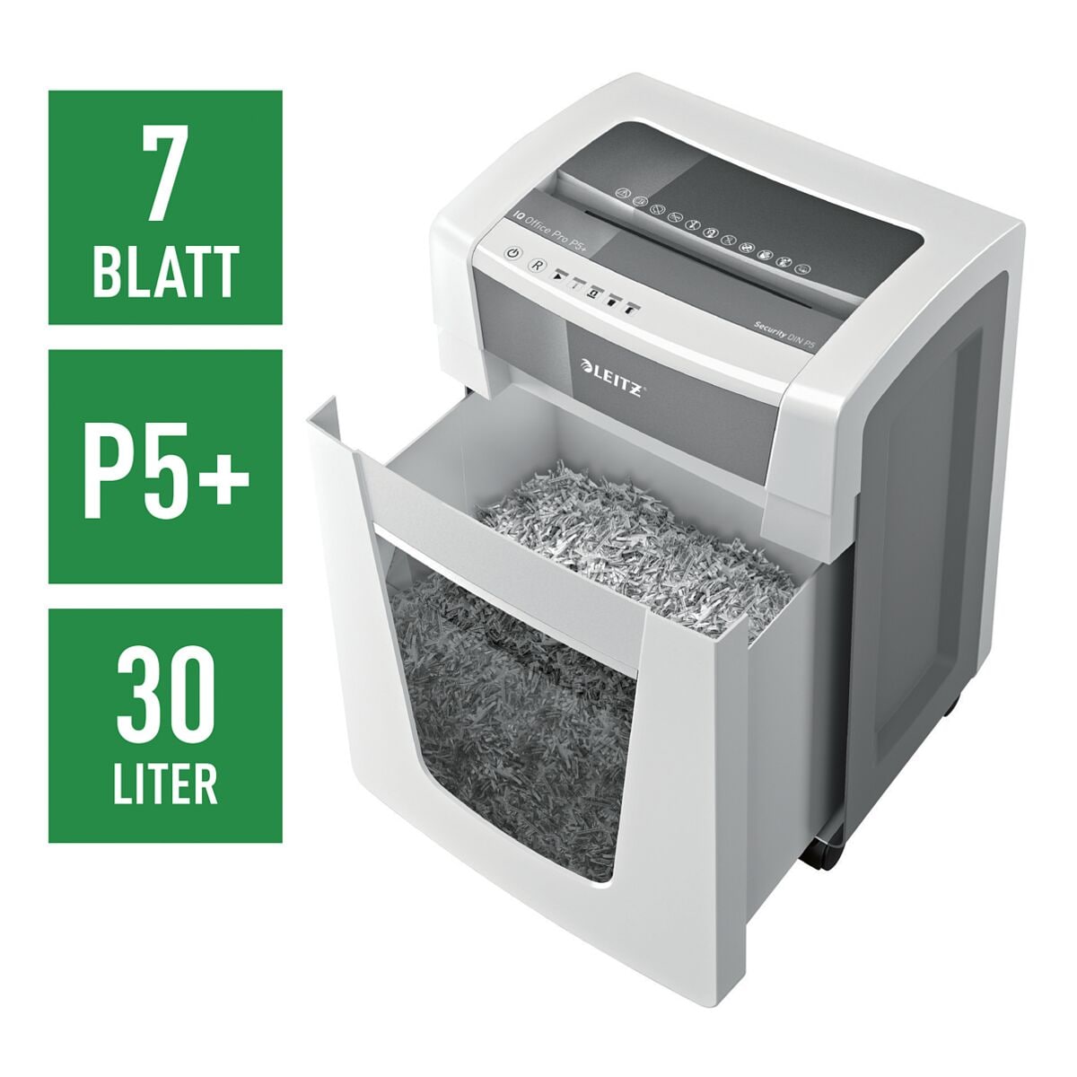 Aktenvernichter LEITZ Office Pro P5+, Sicherheitsstufe 5, Mikroschnitt (2 x 5 mm), bis 7 Blatt