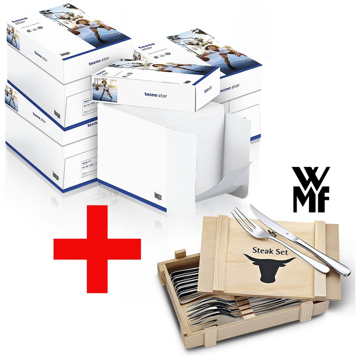4x Öko-Box Kopierpapier A4 Inapa tecno Star inkl. 12-teiliges Steakbesteck-Set »Nuova« mit Holzkiste