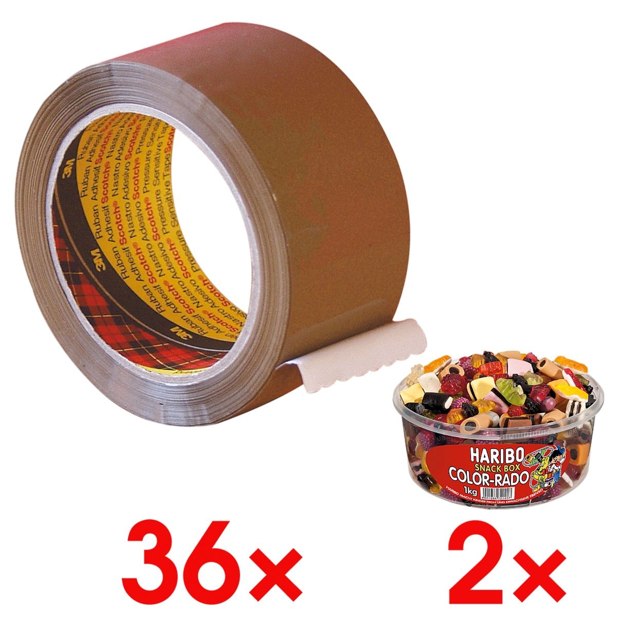 36x Packband Scotch Premium, 50 mm breit, 66 Meter lang - leise abrollbar inkl. 2x Fruchtgummi »Color-Rado«