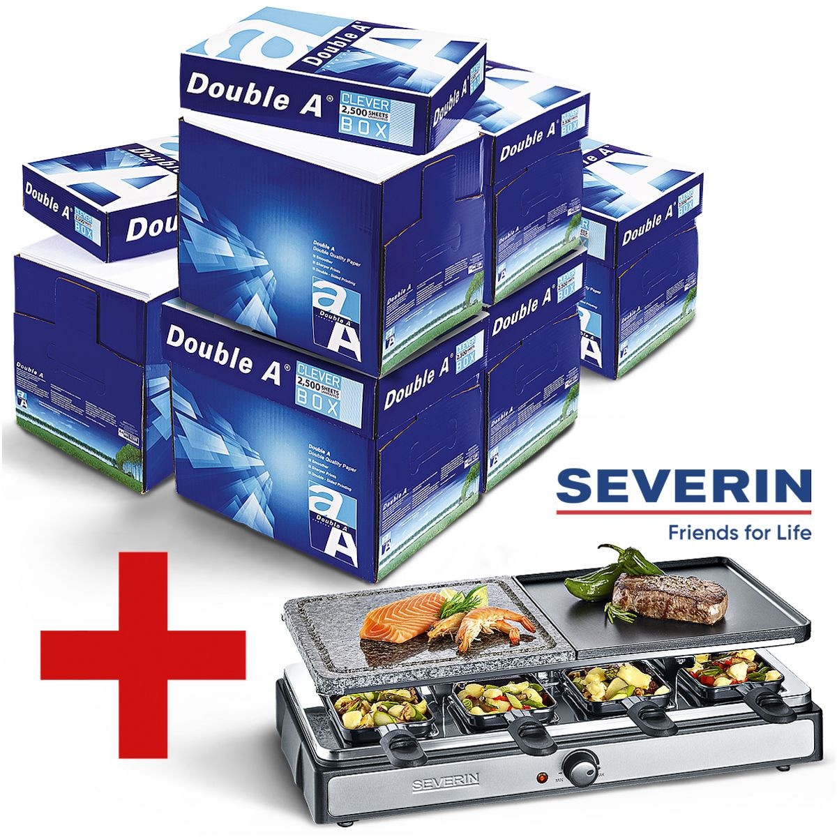 6x Multifunktionales Druckerpapier A4 Double A - 15000 Blatt gesamt inkl. Raclette-Grill mit Naturgrillstein »RG 2344«