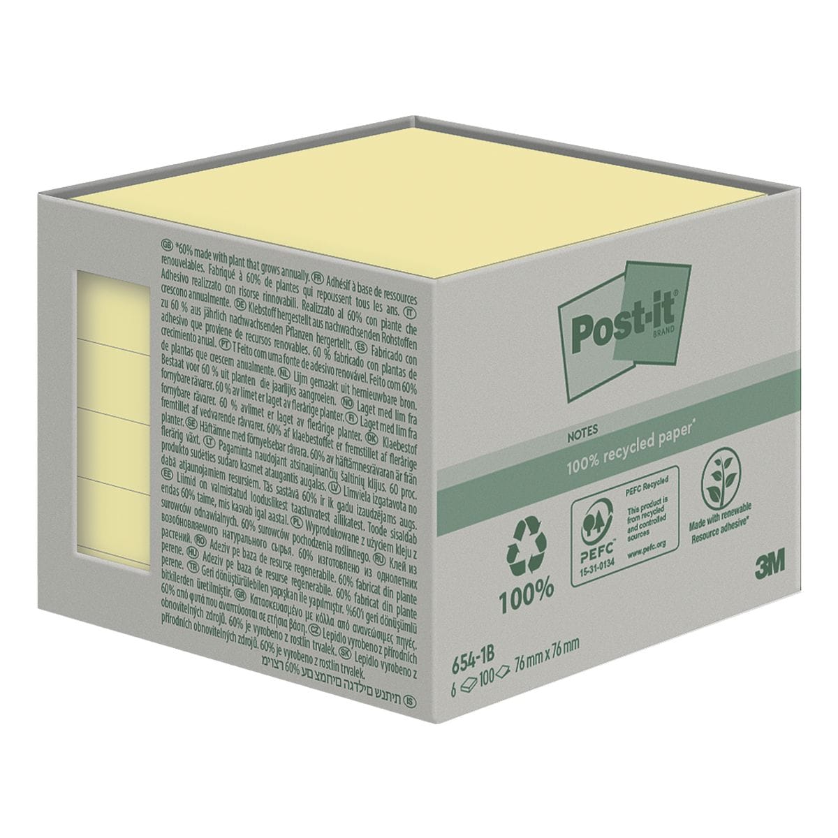 Post-it Notes (Recycle) Haftnotizblock Recycling 7,6 x 7,6 cm, 600 Blatt gesamt, gelb