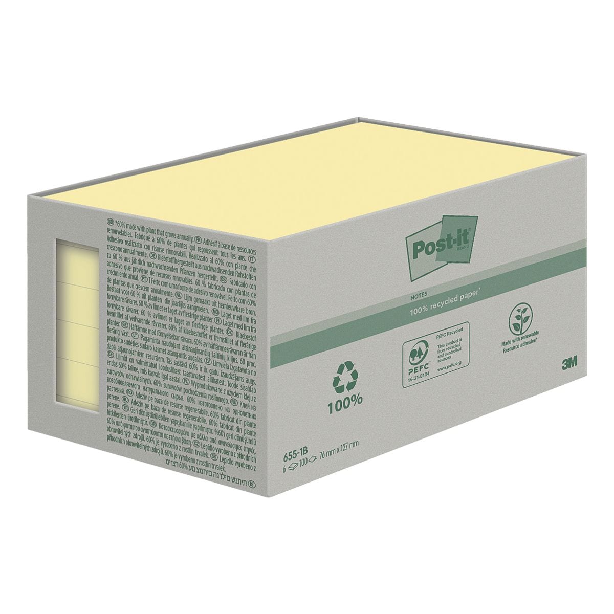 Post-it Notes (Recycle) Haftnotizblock Recycling 7,6 x 12,7 cm, 600 Blatt gesamt, gelb