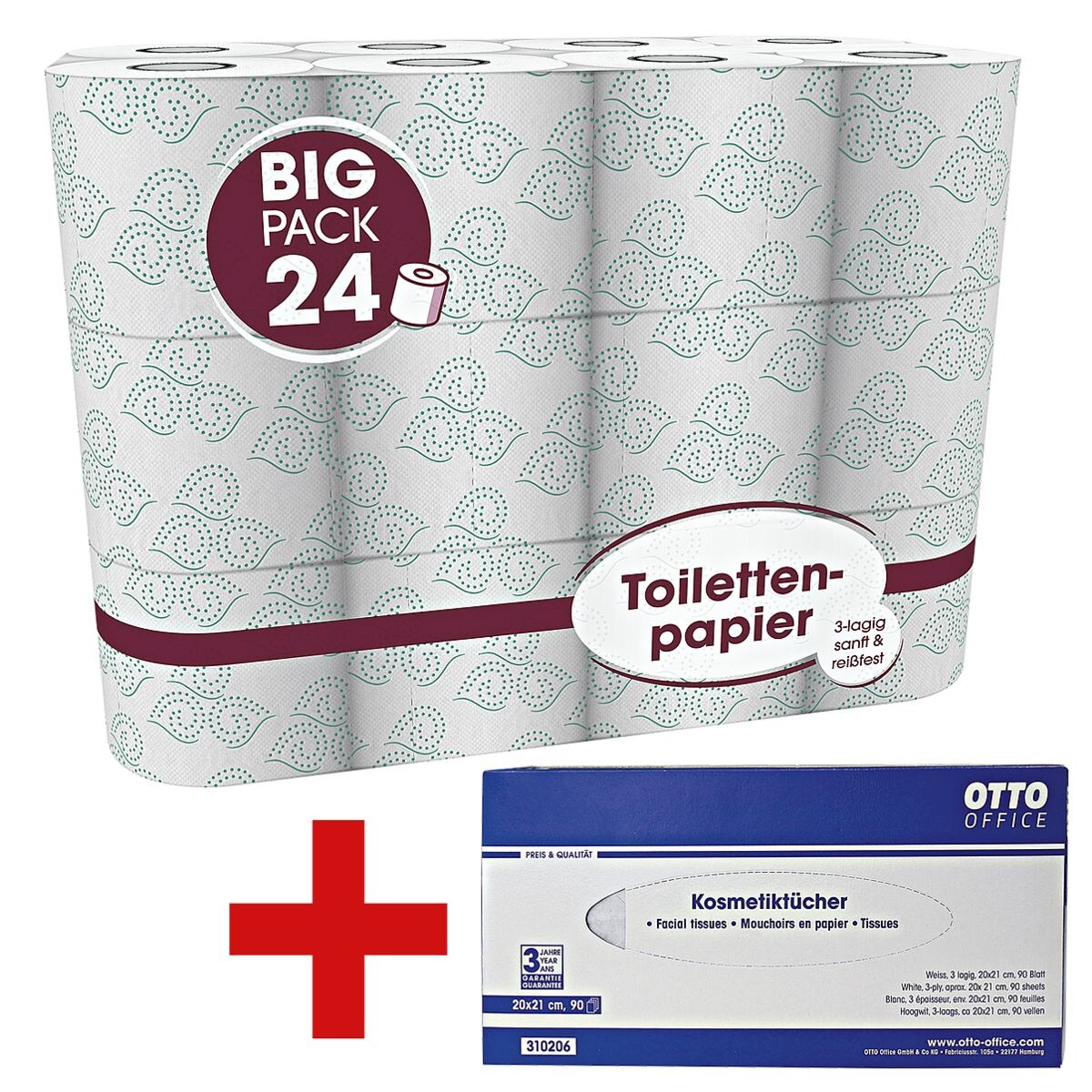 Toilettenpapier Big Pack 3-lagig, weiß - 24 Rollen (1 Pack à 24 Rollen) inkl. Kosmetiktücherbox, 90 Stück