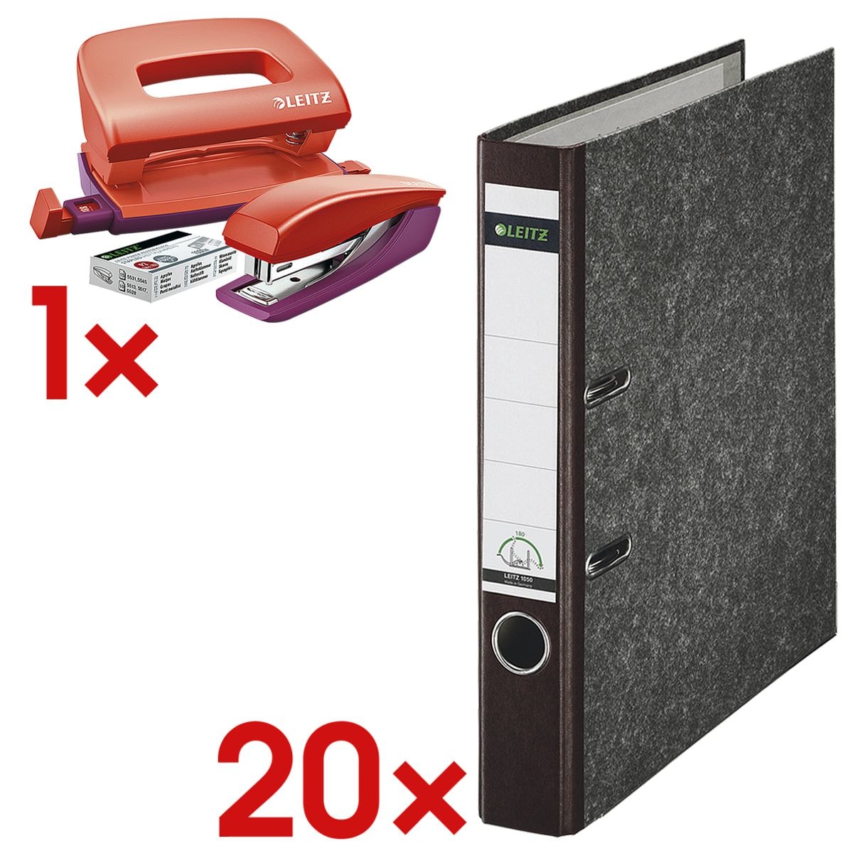 20x Ordner A4 LEITZ 1050 schmal, Wolkenmarmor mit farbigem Rücken inkl. Schreibtisch-Set »Urban Chic«