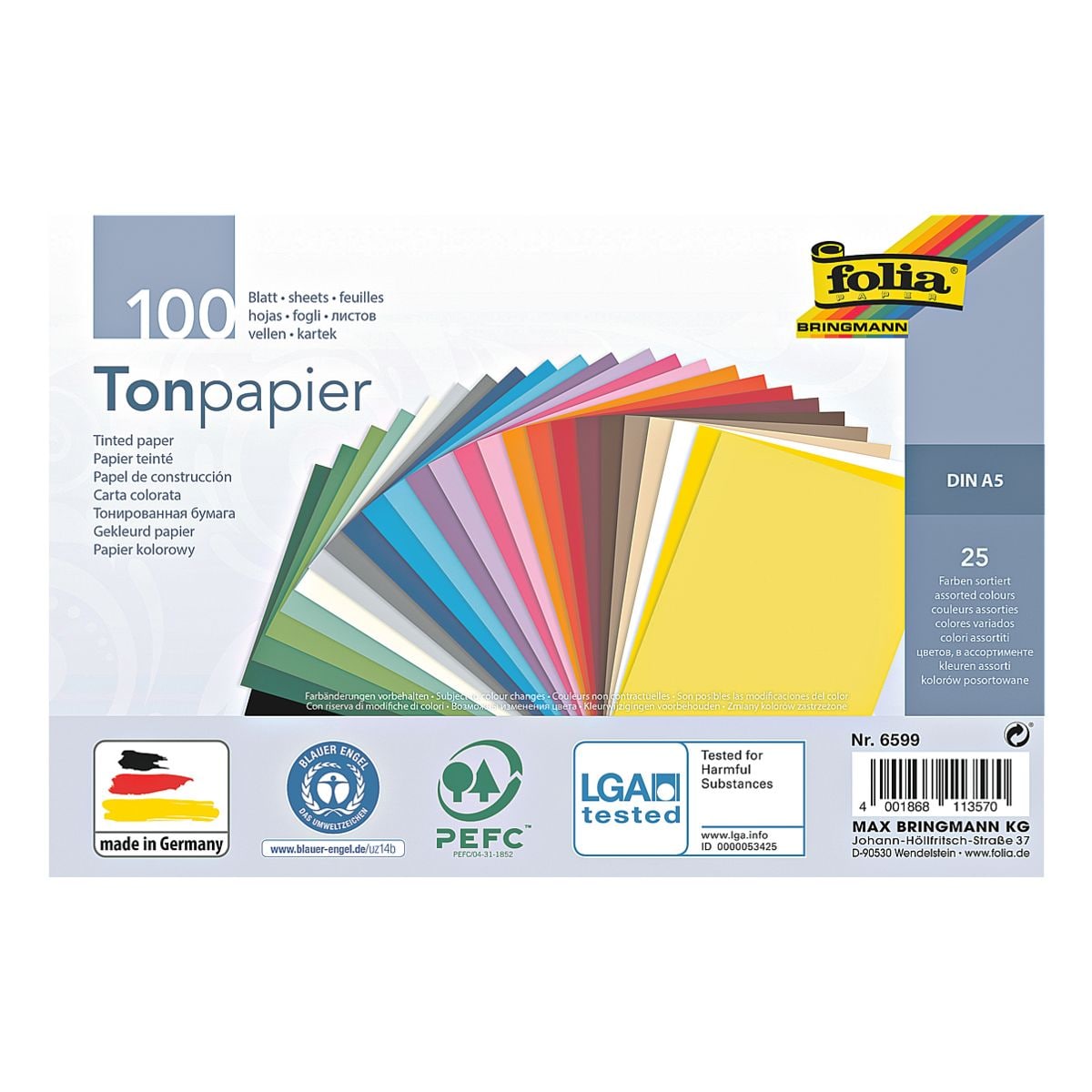folia Tonpapier 130 g/m 25 Farben A5 100 Blatt