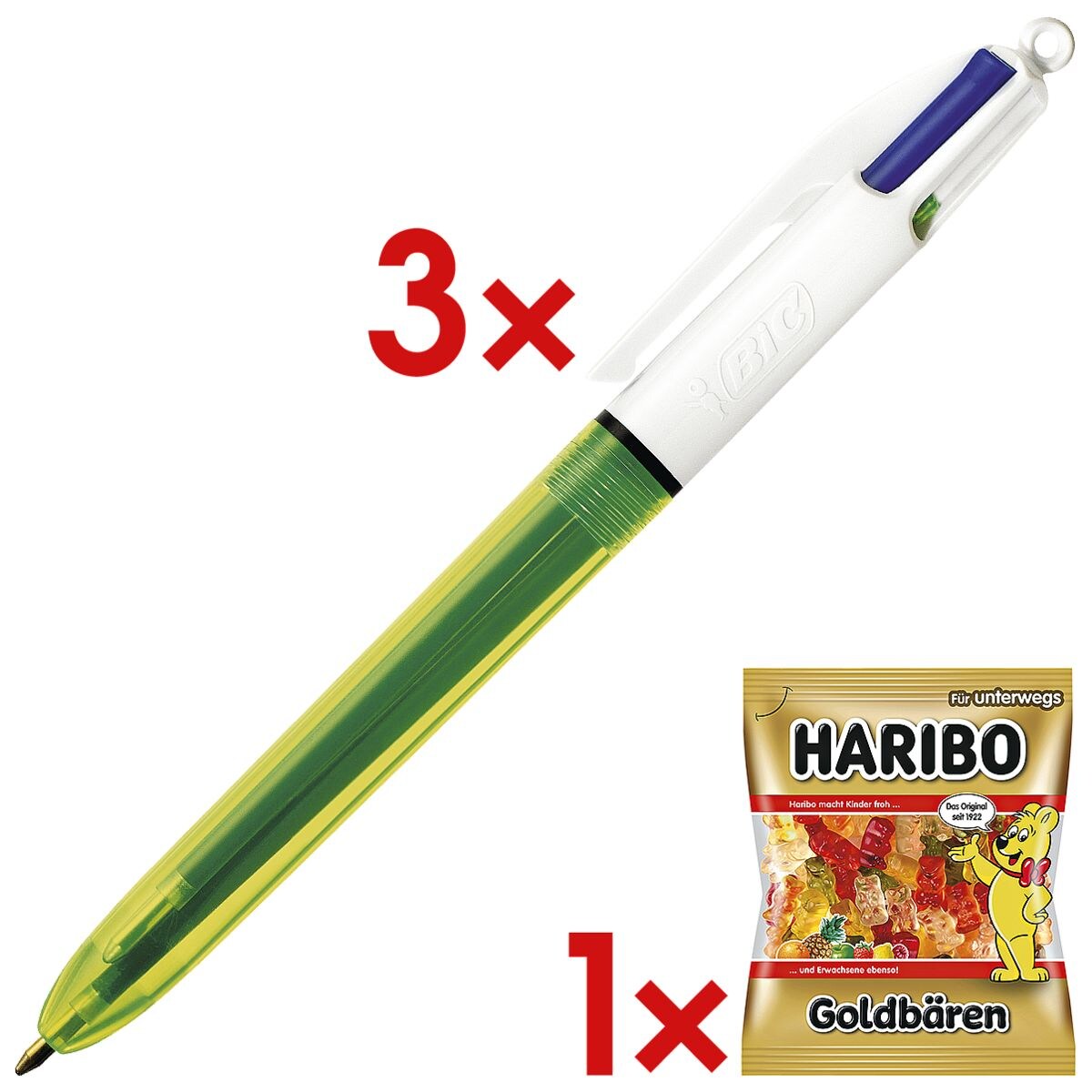 3x Mehrfarb-Kugelschreiber BIC 4 Colours Fluo, dokumentenecht, inkl. Fruchtgummi »Goldbären«