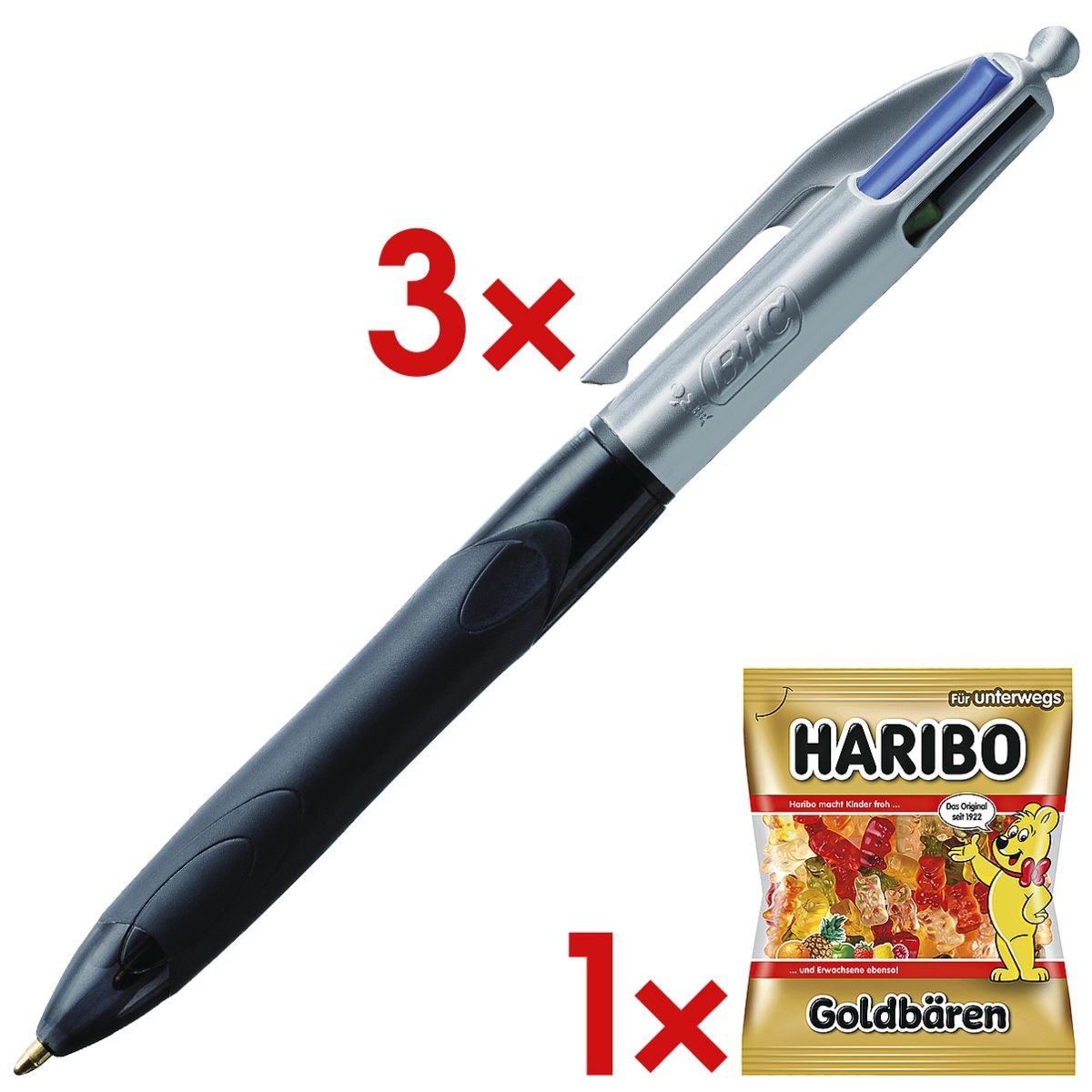 3x Mehrfarb-Kugelschreiber BIC 4 Colours Grip Pro, dokumentenecht, inkl. Fruchtgummi »Goldbären«