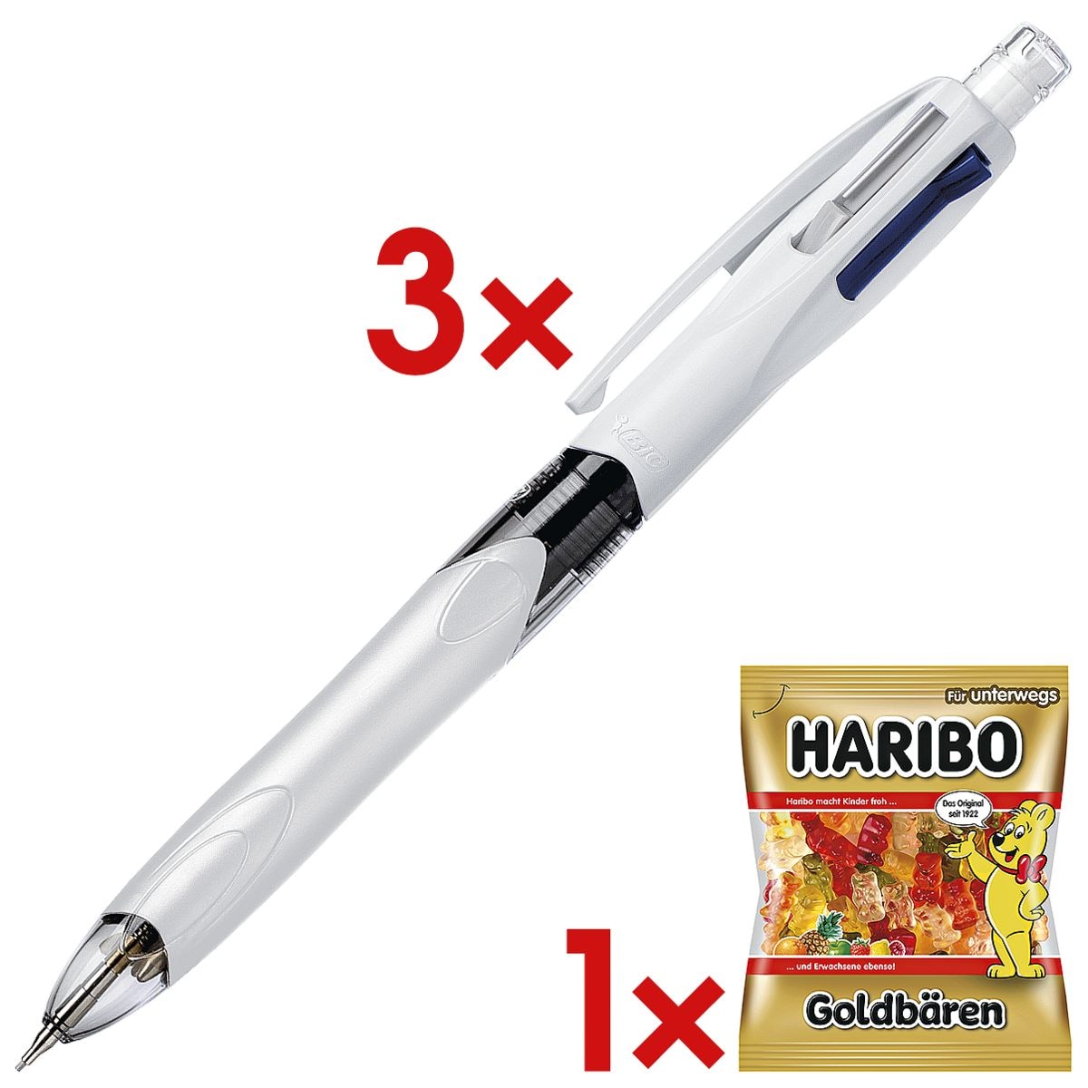 3x Multifunktionsstift BIC 4 Colours 3+1, inkl. Fruchtgummi »Goldbären«