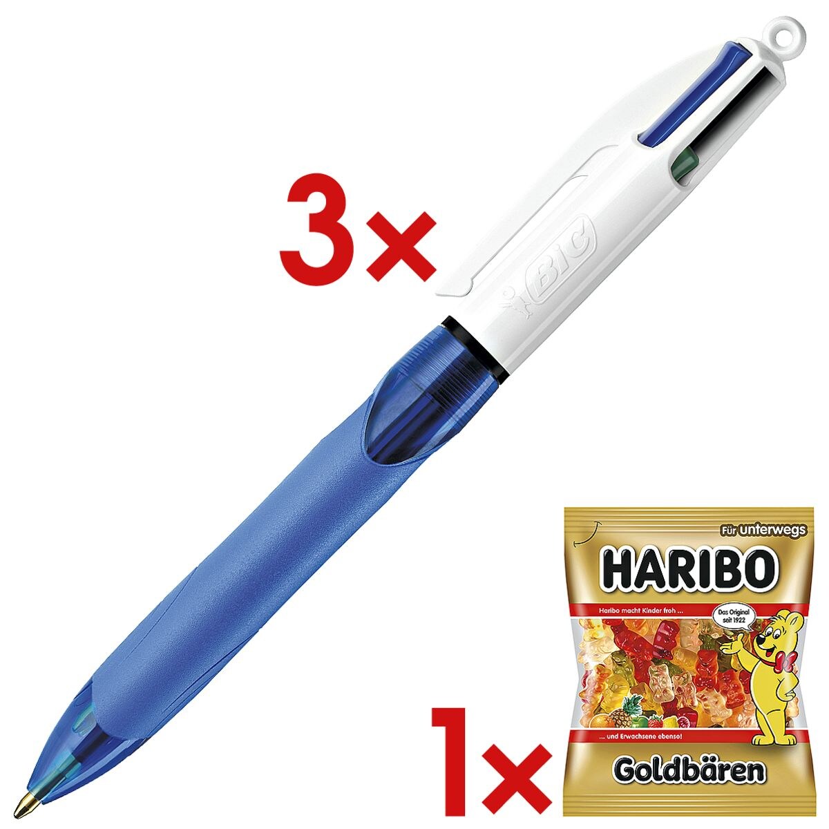 3x Mehrfarb-Kugelschreiber BIC 4 Colours Grip, dokumentenecht, inkl. Fruchtgummi »Goldbären«