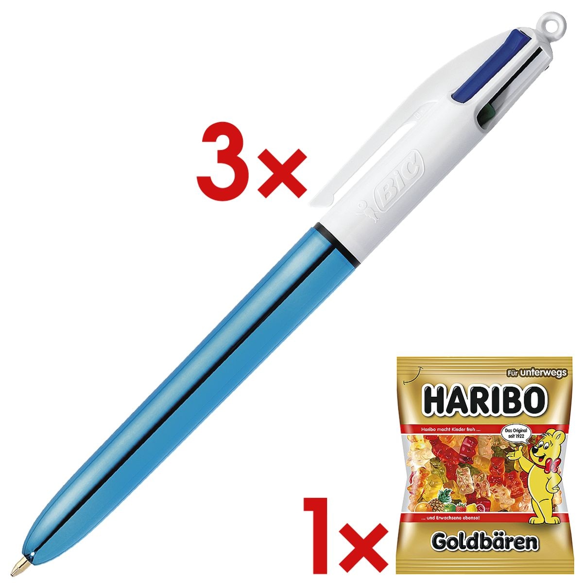 3x Mehrfarb-Kugelschreiber BIC 4 Colours Shine, dokumentenecht, inkl. Fruchtgummi »Goldbären«
