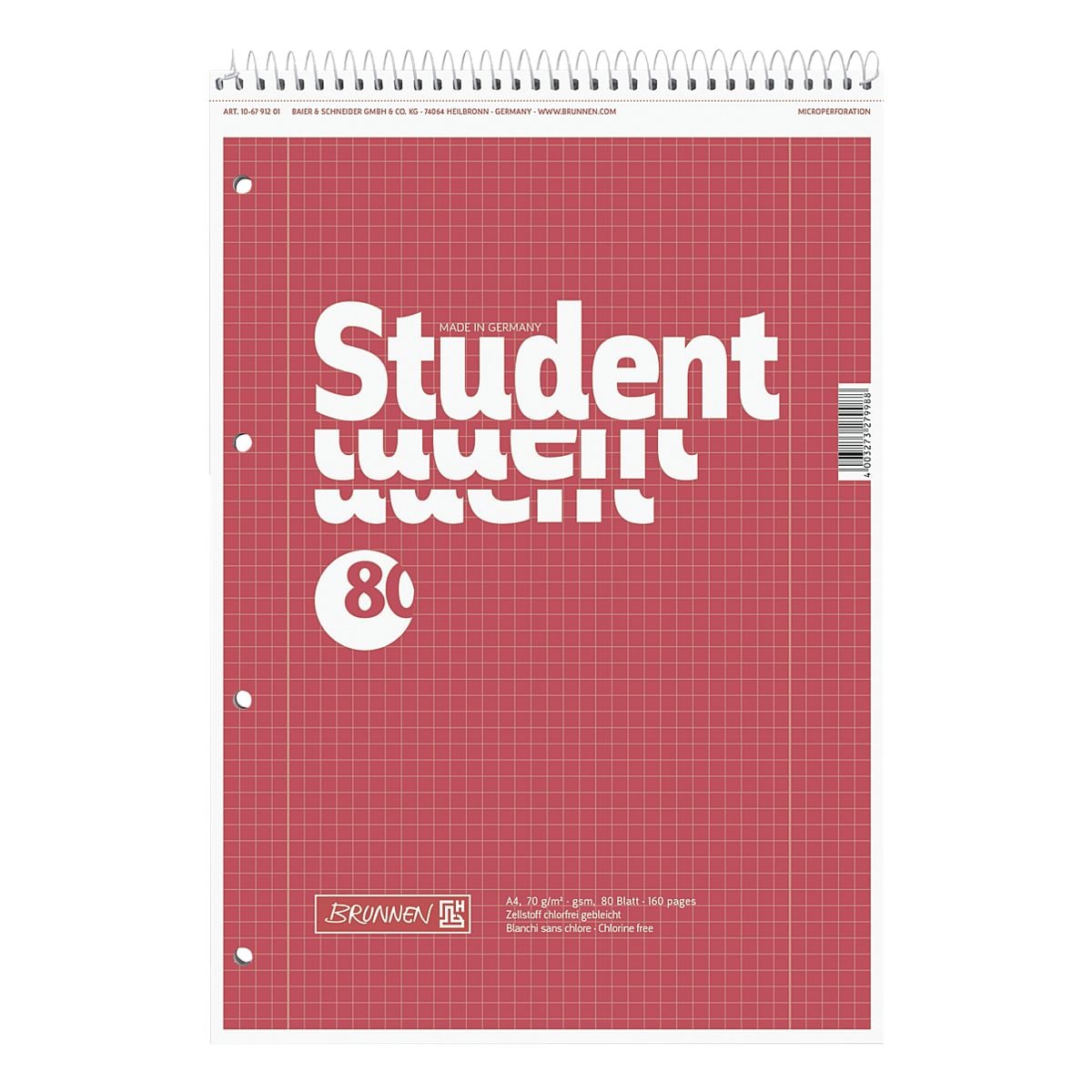 5x Notizblock Brunnen Student A4 kariert, 80 Blatt