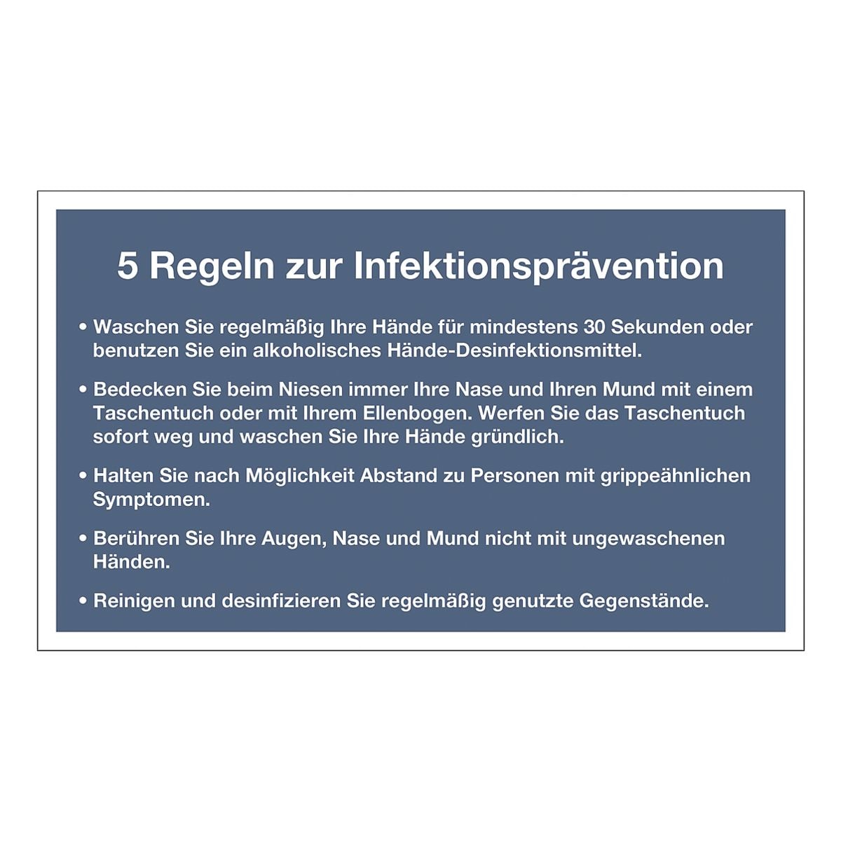 Aufkleber / Hinweisschild 5 Regeln zur Infektionsprvention 20 x 12 cm, 10 Stck