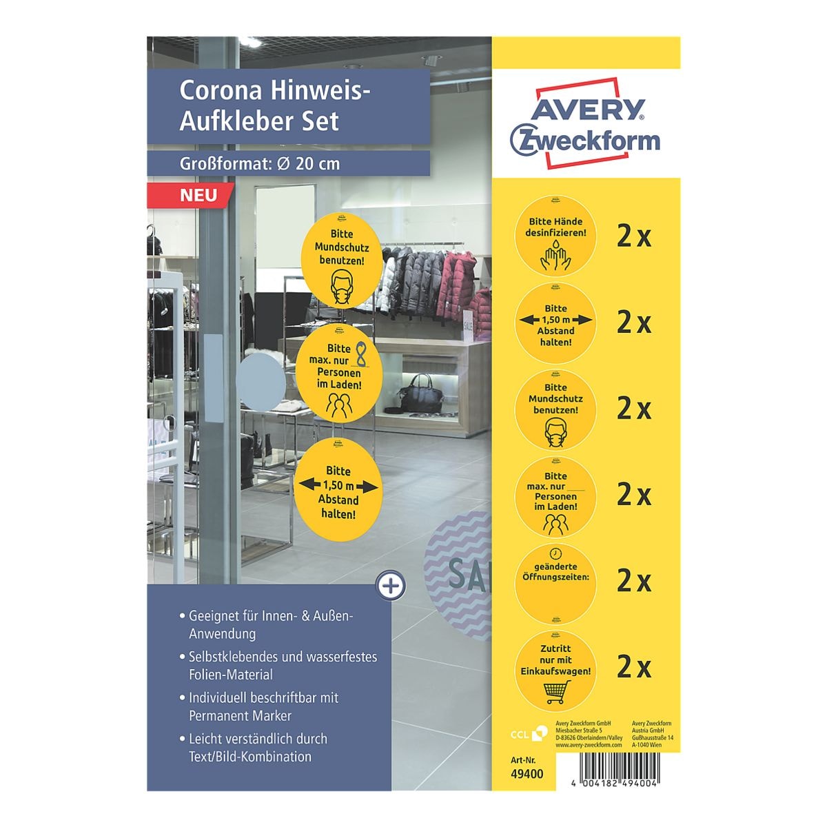 Avery Zweckform Aufkleber Set »Corona Hinweis«