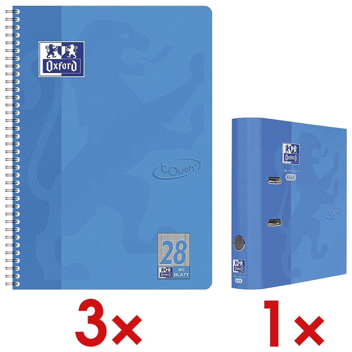 3x Oxford Collegeblock Touch A4+ kariert, 80 Blatt inkl. Ordner »Touch«