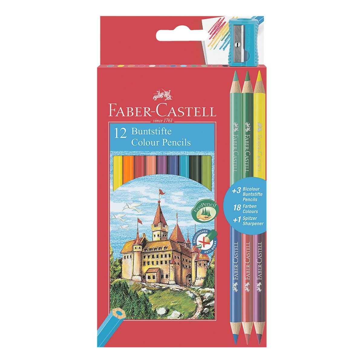 Faber-Castell (Schule) 12er-Pack Buntstifte Colour inkl. 3 Buntstifte Bicolor und Spitzer