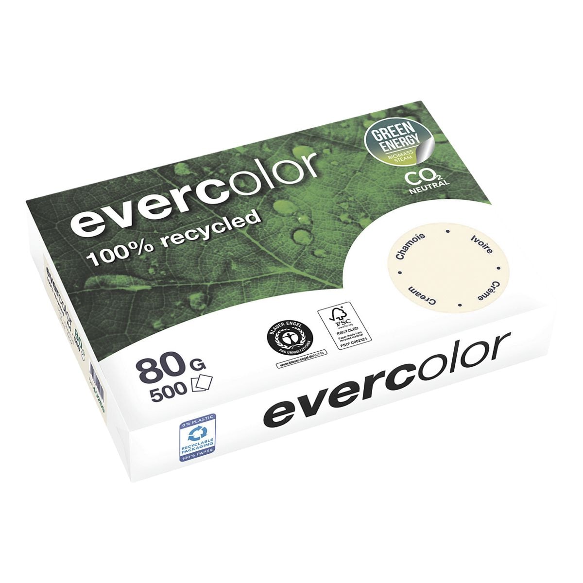 Farbiges Recycling-Multifunktionspapier A4 Clairefontaine Evercolor - pastellfarben - 500 Blatt gesamt, 80g/qm