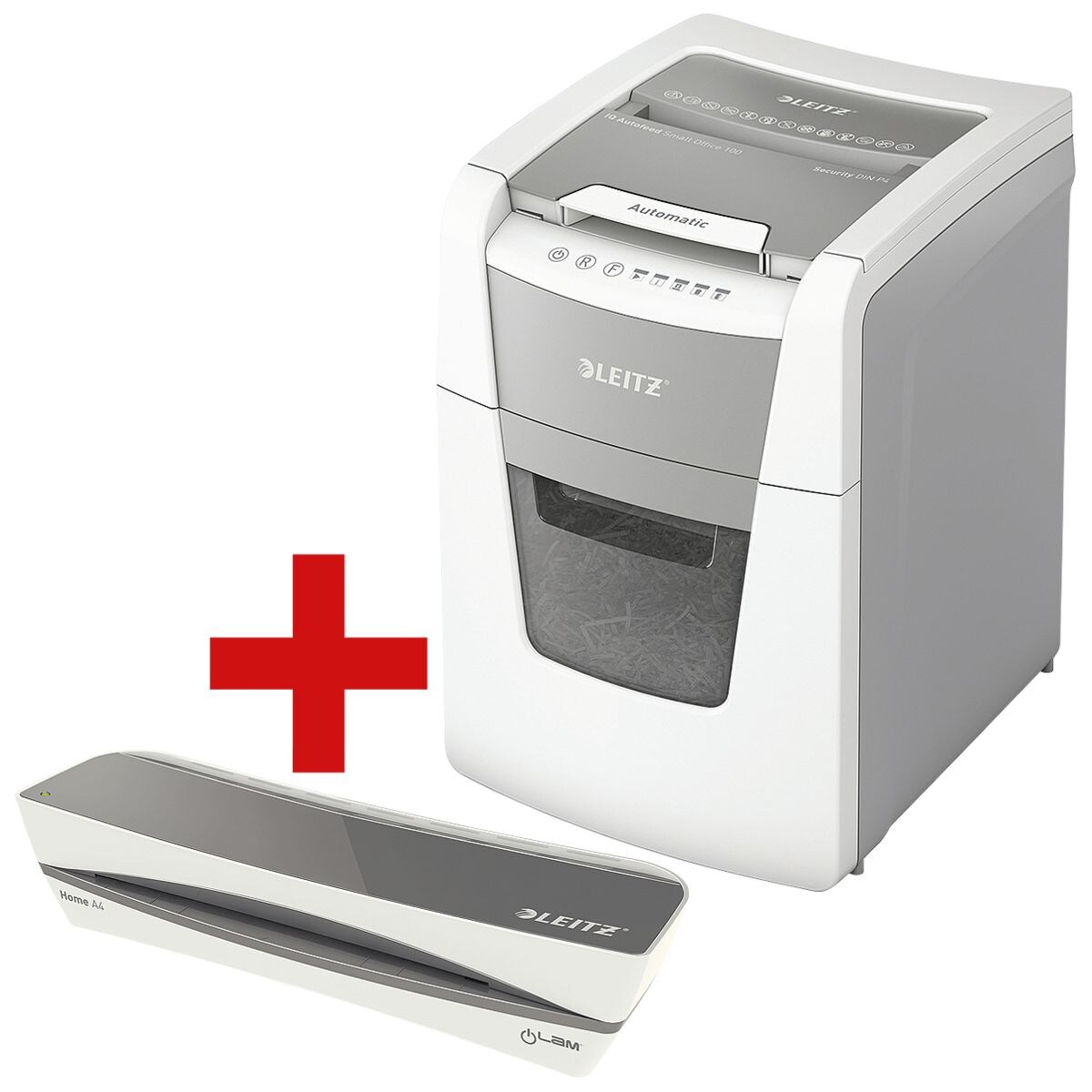 Aktenvernichter LEITZ Small Office 100, Sicherheitsstufe 4, Partikelschnitt (4 x 28 mm), bis 100 Blatt inkl. Laminiergerät Home A4 »iLAM Home«