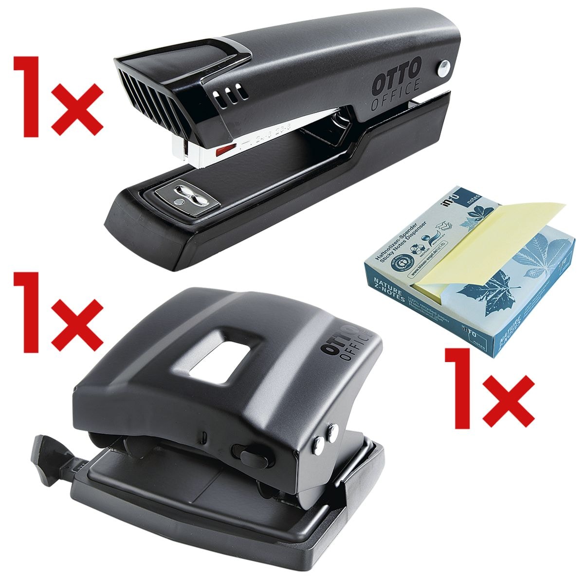 OTTO Office Locher »30« inkl. Tacker / Heftgerät »20« + Haftnotizspender »Recycling« mit Z-Notes, gelb