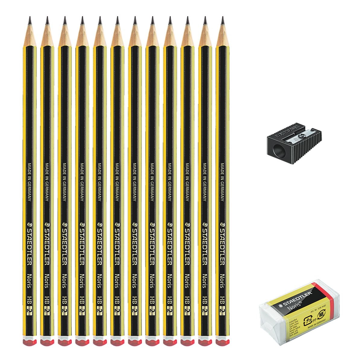 Bleistift-Set STAEDTLER Noris 120 HB (12 Stck) Bonuspack, HB, ohne Radiergummi inkl. extra Radiergummi und Anspitzer