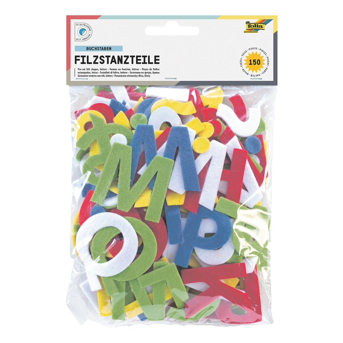 folia 5x 150er-Pack Filzstanzteile Buchstaben - selbstklebend (5 Farben)