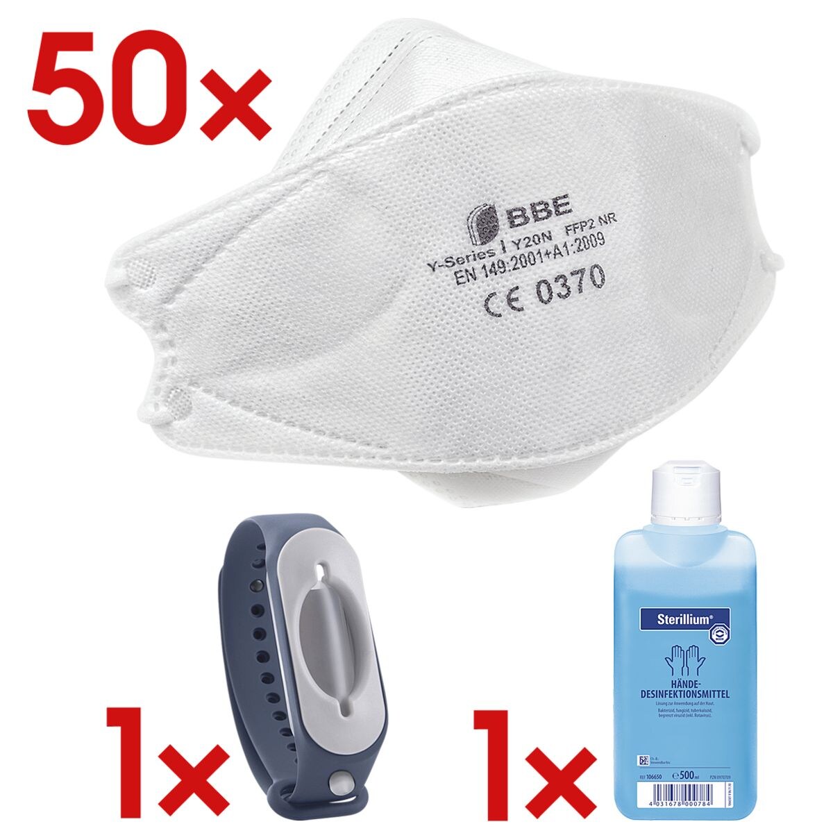 BBE Solutions 50er-Pack FFP2 Maske 3-Panel-Design »Y-Serie Y20N« ohne Ventil inkl. Desinfektions-Armband »Cleanbrace« inkl. Handdesinfektionsmittel »Sterillium®« 500 ml