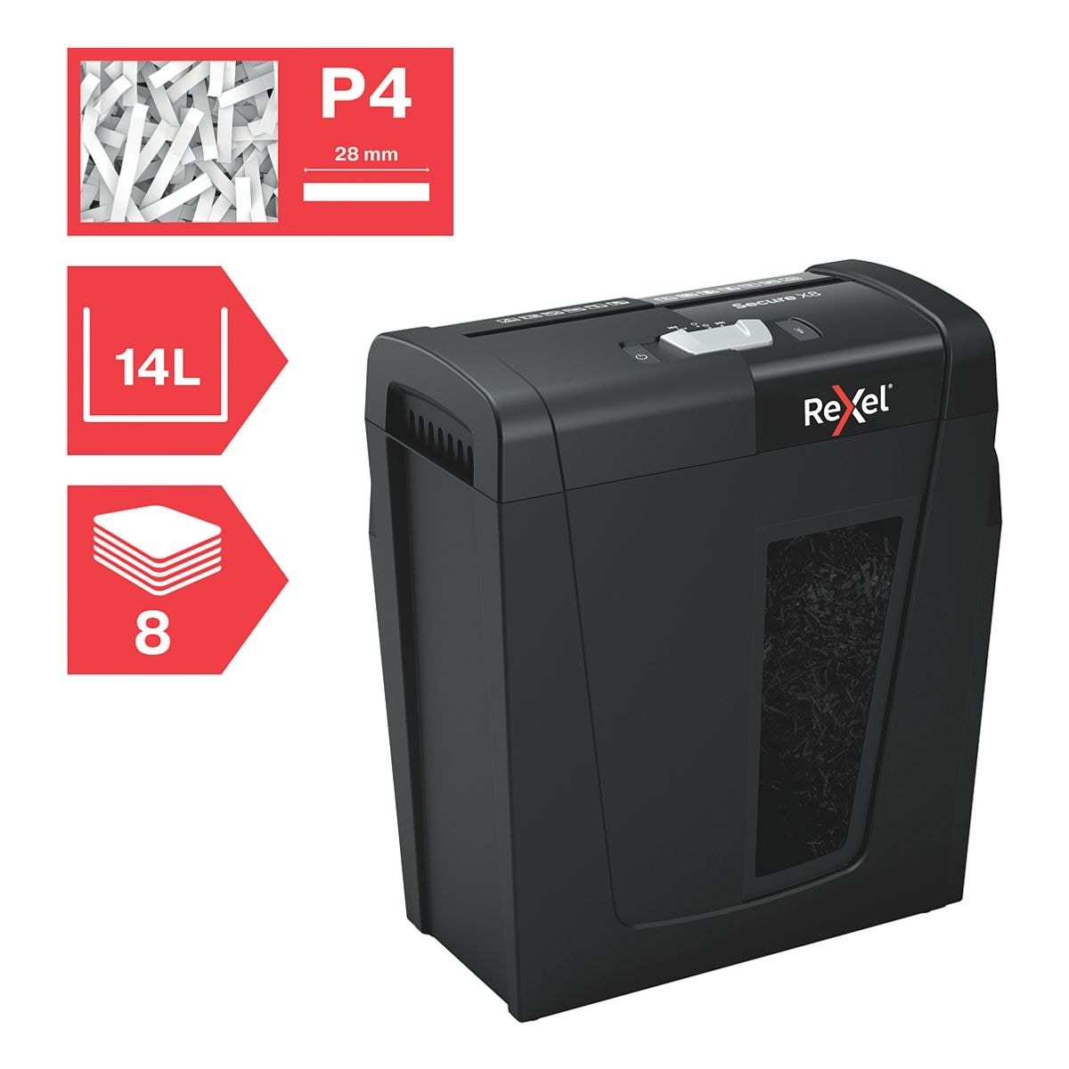 Aktenvernichter Rexel Secure X8, Sicherheitsstufe 4, Partikelschnitt (4 x 40 mm), bis 8 Blatt