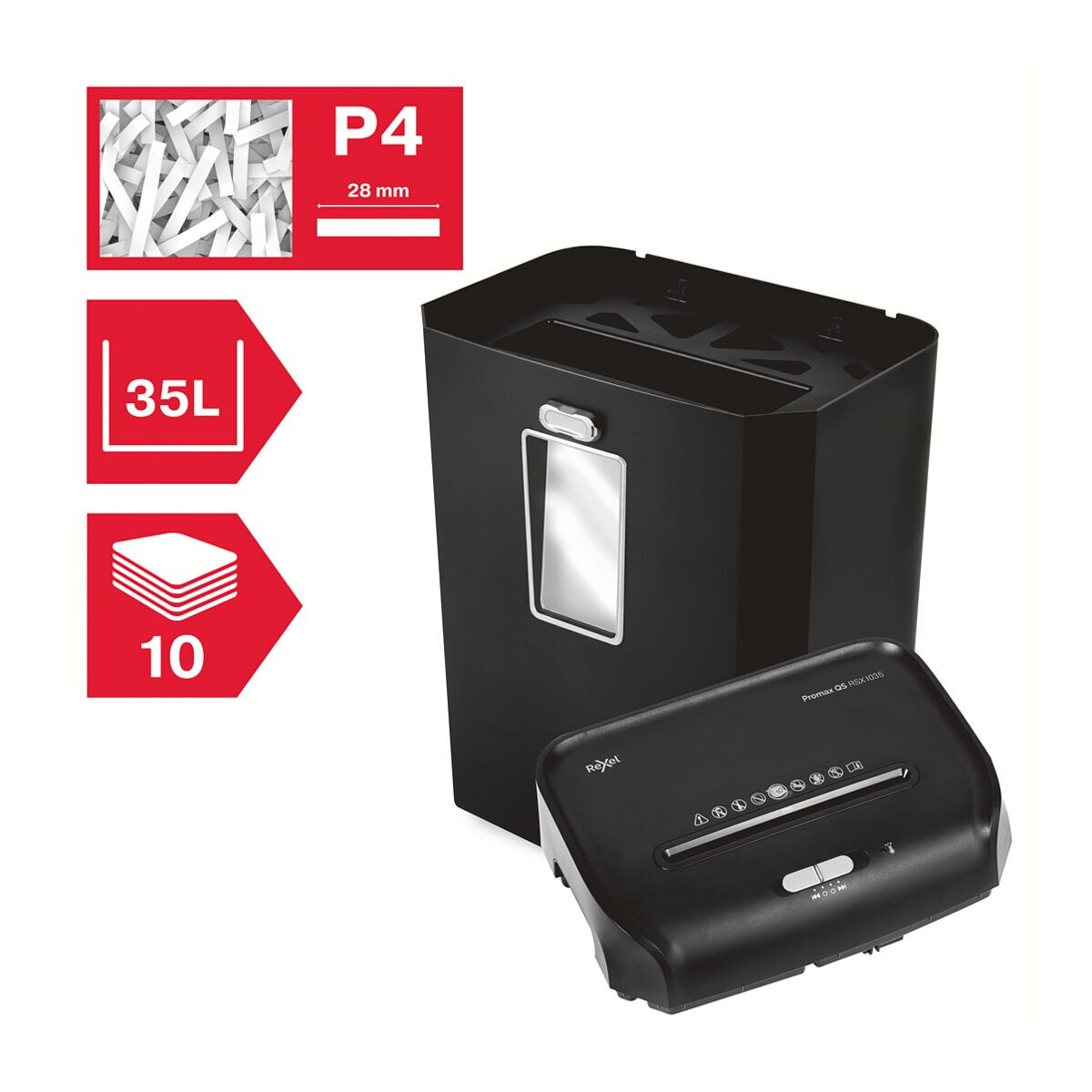 Aktenvernichter Rexel ProMax RSX1035, Sicherheitsstufe 4, Partikelschnitt (4 x 40 mm), bis 10 Blatt