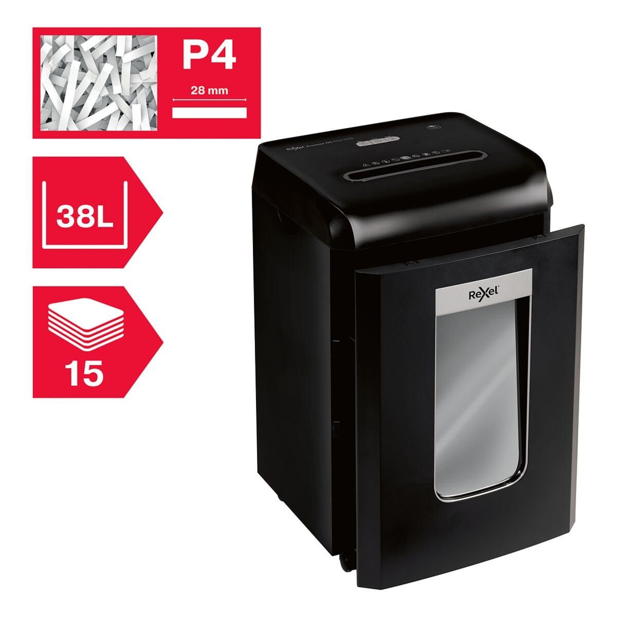 Aktenvernichter Rexel ProMax RSX1538, Sicherheitsstufe 4, Partikelschnitt (4 x 40 mm), bis 15 Blatt