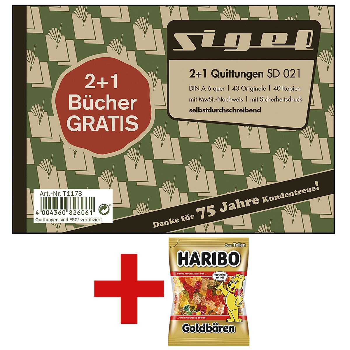 Sigel Formularbuch »SD 021 - Quittung mit MwSt.« 2+1 Aktion inkl. Fruchtgummi »Goldbären« 200 g