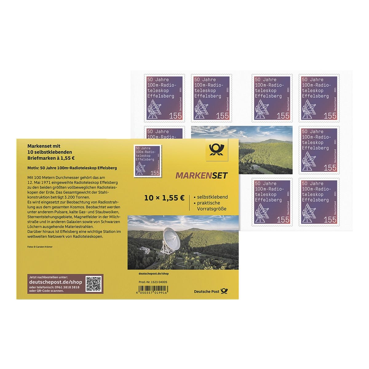 Porto bis Ende 2021: 1,55 € Markenset Radioteleskop Effelsberg Deutsche Post, 10x Briefmarke selbstklebend