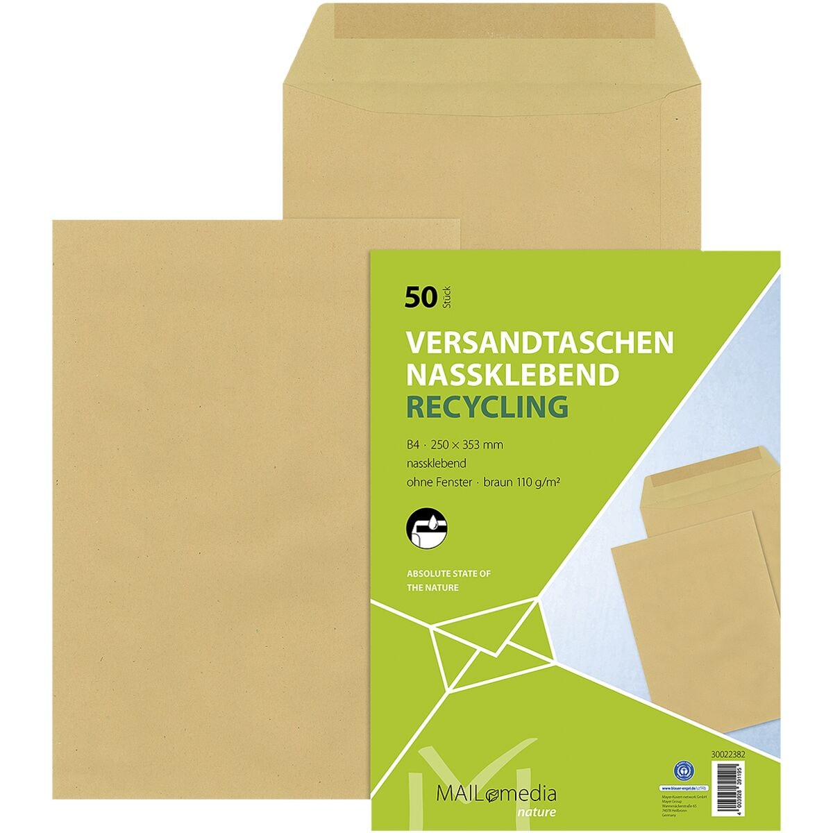 Mailmedia 50 Versandtaschen Recycling, B4 ohne Fenster