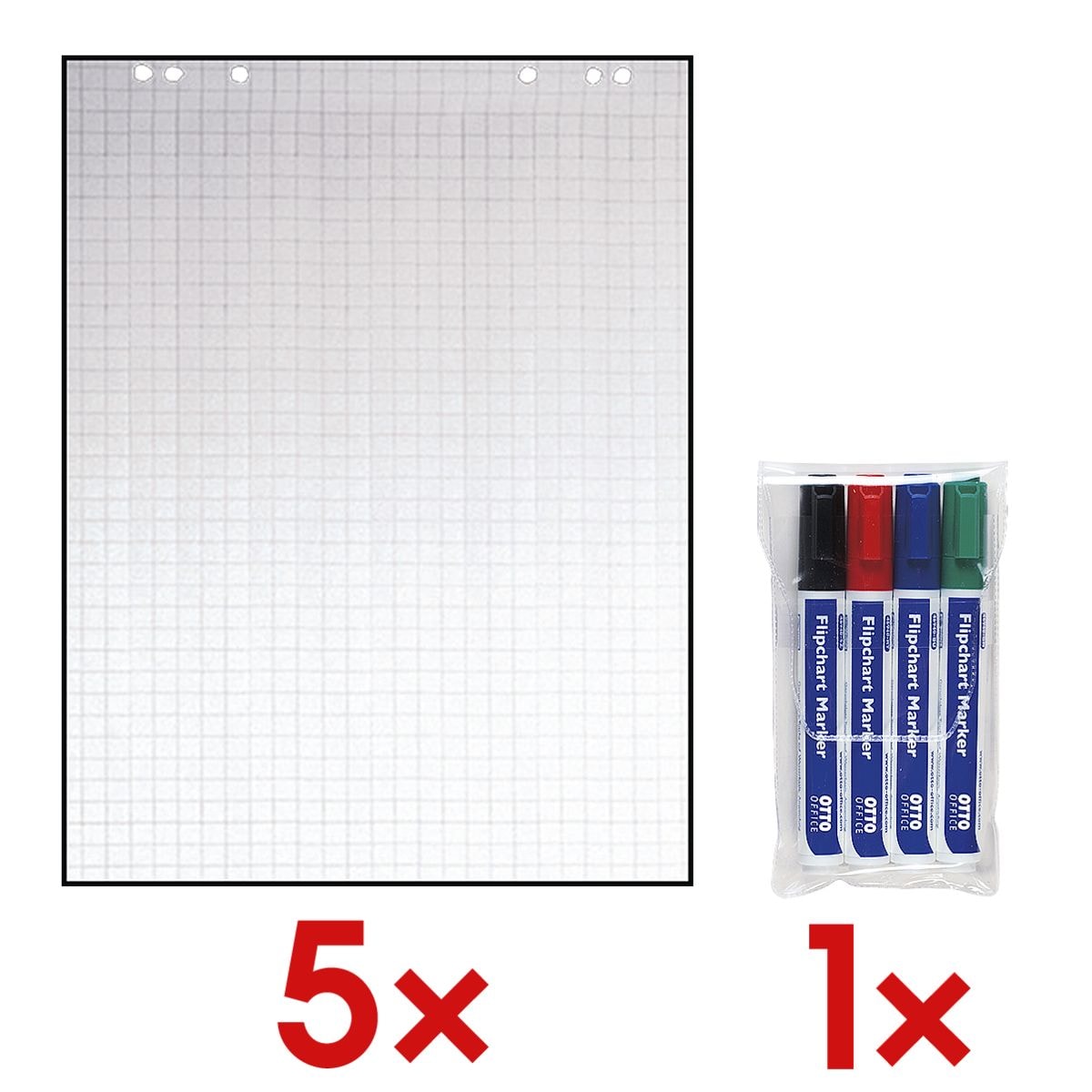 OTTO Office 5 Flipchartblöcke kariert inkl. 4er-Pack Flipchart Marker