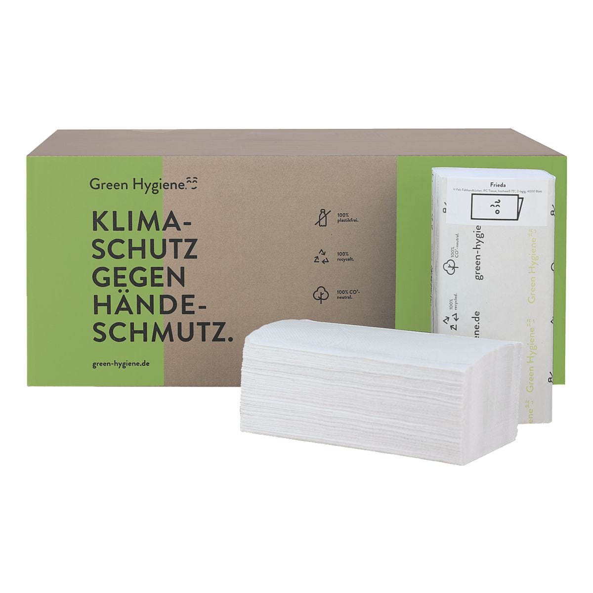 Papierhandtcher Green Hygiene Frieda CO₂ neutral produziert 2-lagig, hochwei, 25 cm x 23 cm aus Recycling-Tissue aus 100% Altpapier mit Z-Falzung - 4000 Blatt gesamt