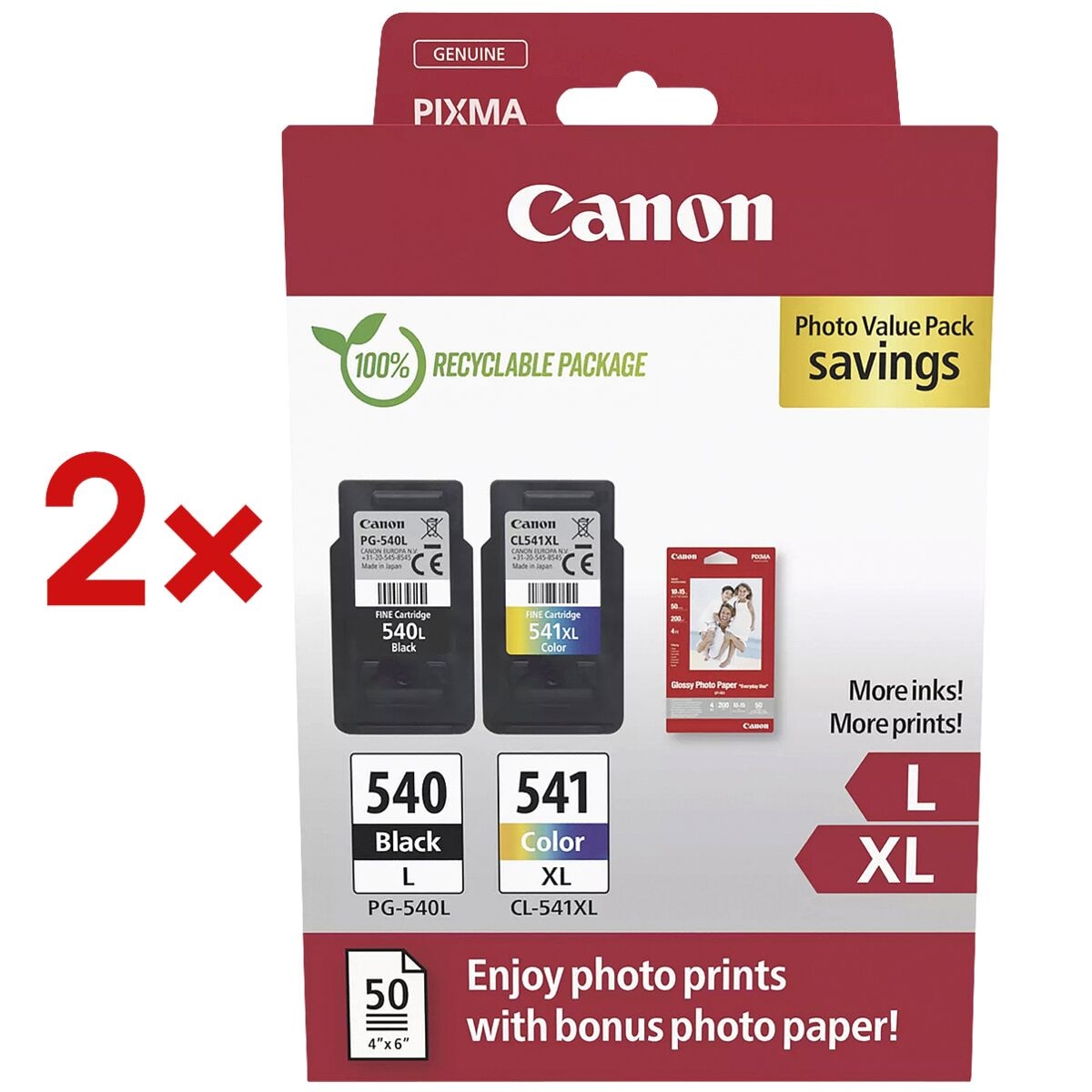Canon 2x Photo Value Pack: Tinten-Set PG-540L & CL-541XL + Fotoglanzpapier Plus II