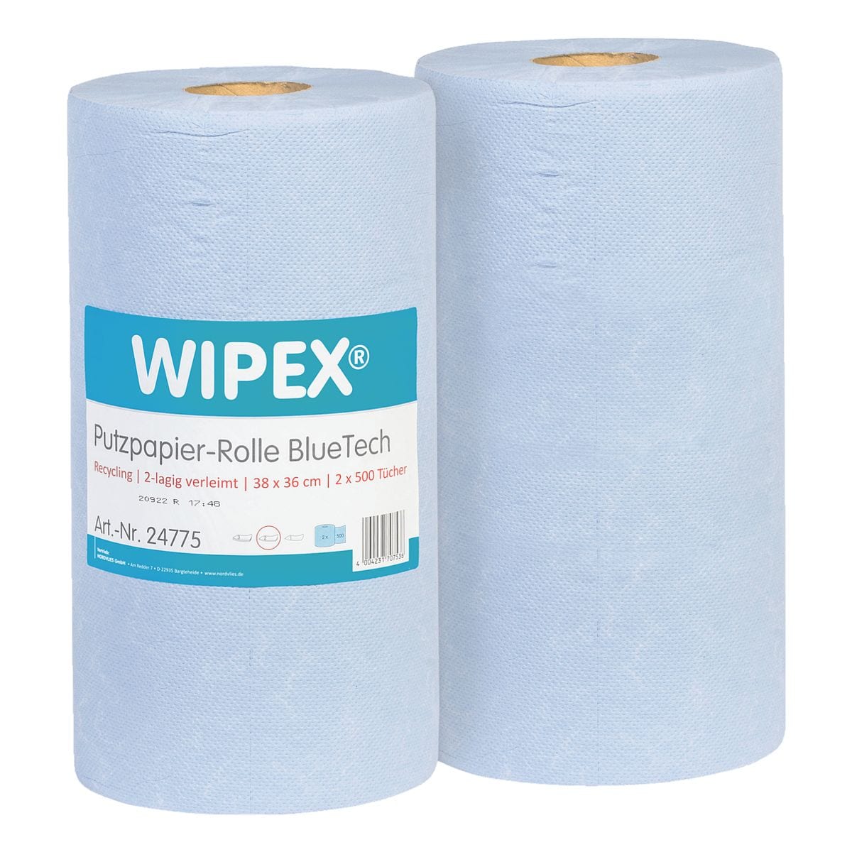 WIPEX 2er-Pack Papier-Putztuchrolle BlueTech blau 2-lagig 38 x 36 cm (2 x 500 Blatt)
