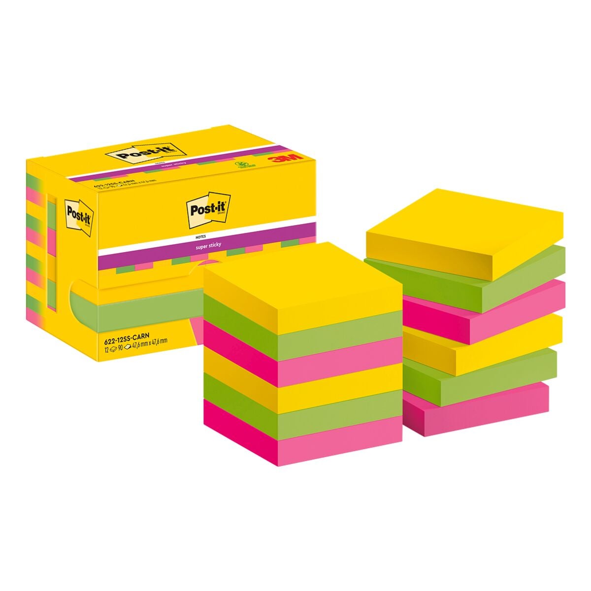 12x Post-it Super Sticky Haftnotizblock Carnival Collection 4,8 x 4,8 cm, 1080 Blatt gesamt, farbig sortiert 622-12SS-CARN