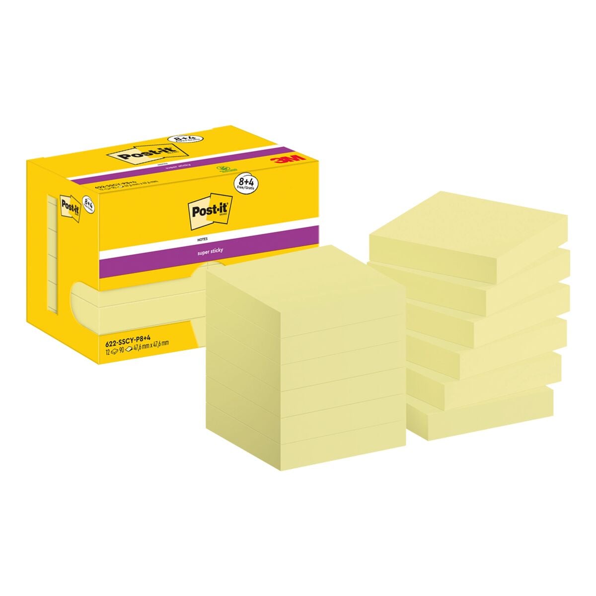 8+4x Post-it Super Sticky Haftnotizblock Notes 4,76 x 4,76 cm, 1080 Blatt gesamt, gelb